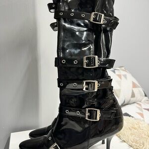 Black Patent Buckle Knee High Boots Size 9 Goth Punk Pirate Costume Heels